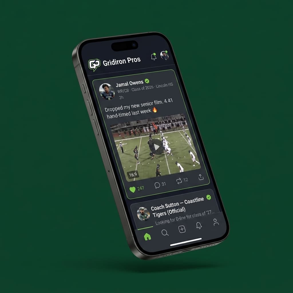 Gridiron Pros mobile app on iPhone showing the football social feed with athlete posts and video highlights