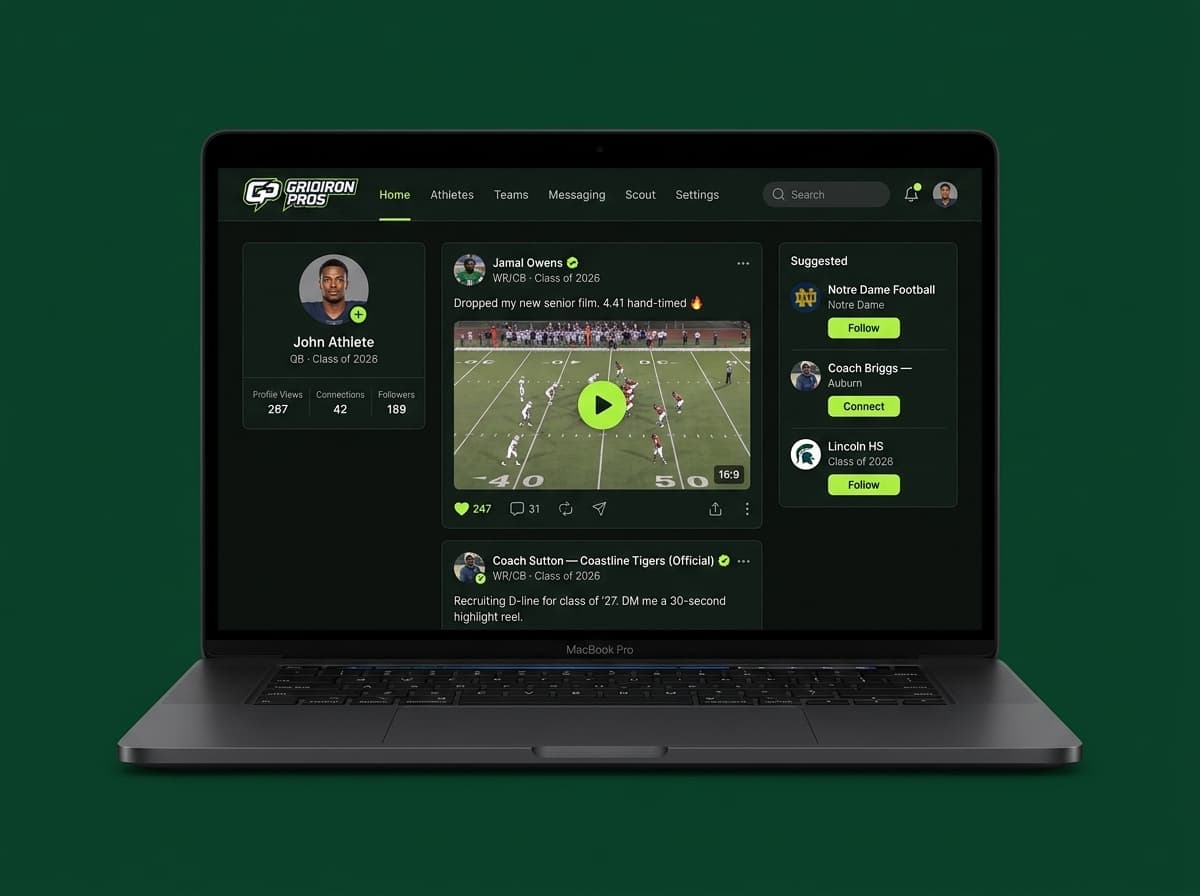 Gridiron Pros web app on MacBook showing the social feed with profile sidebar, post stream, and suggestions panel